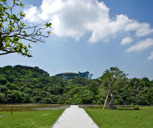 A view of the path across the pond and the center building in the distance.